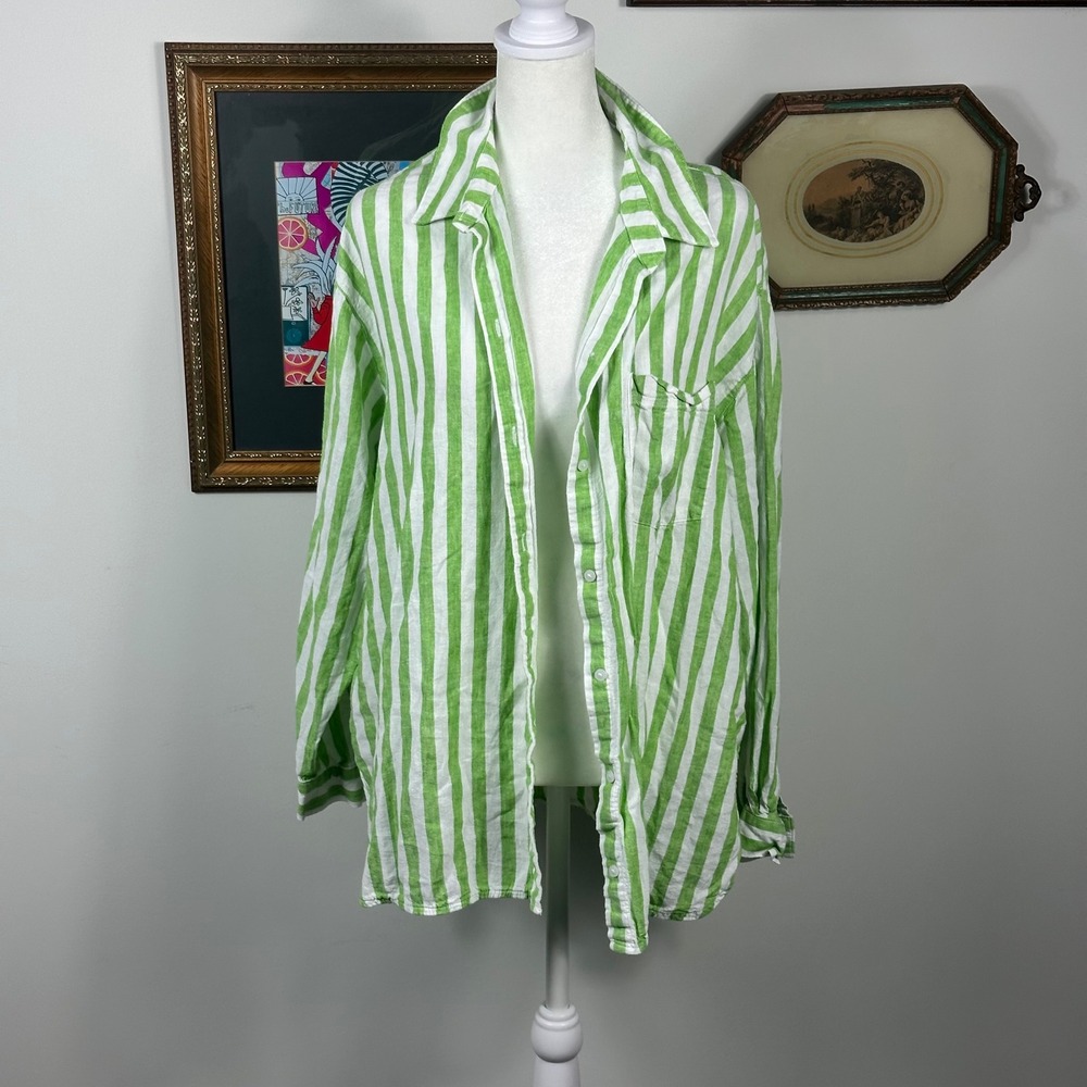 Old Navy Bright Green and White Striped Linen Blend Shirt - SIZE L Summer Set
